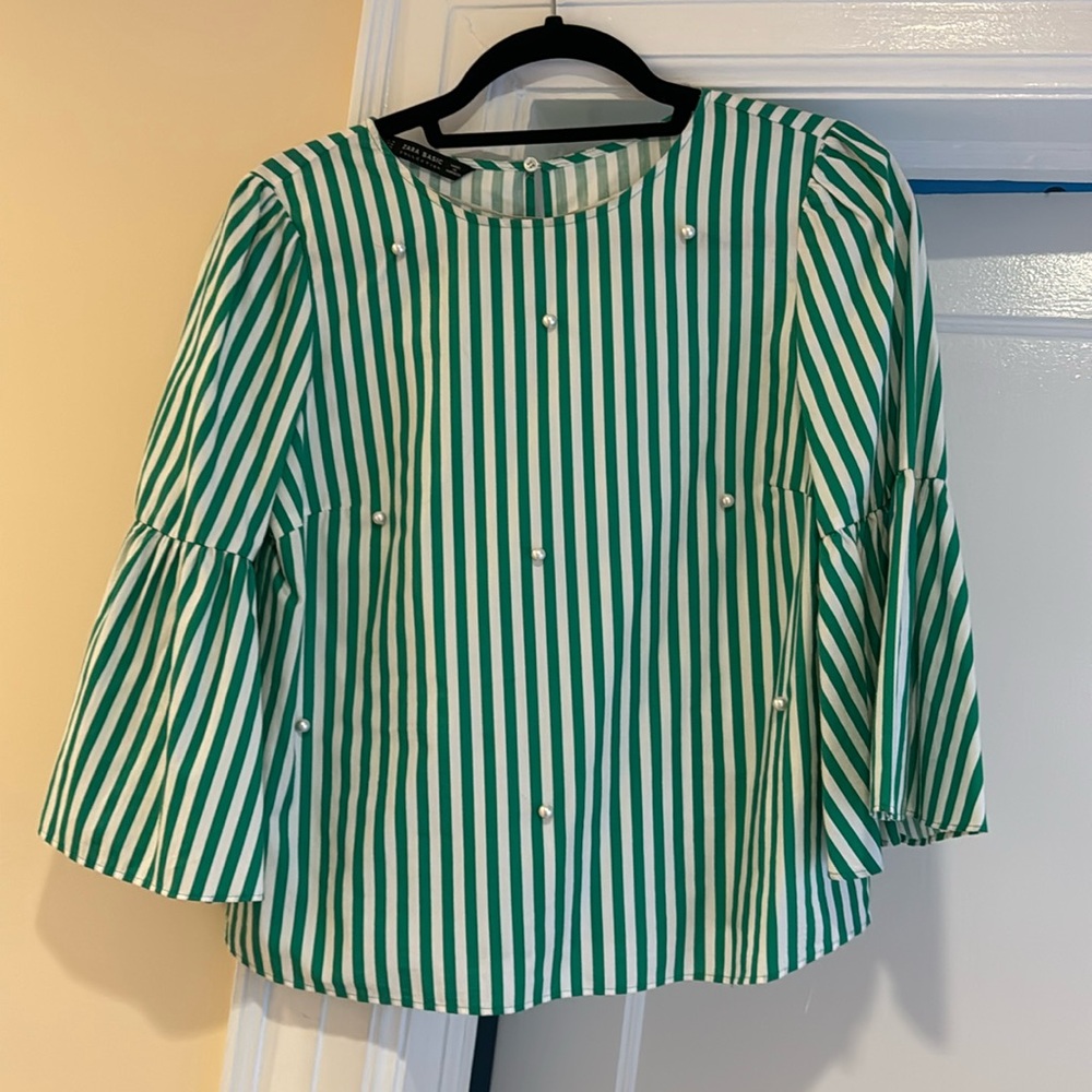 Zara Green and white striped bell sleeve top with pearl detail Size M